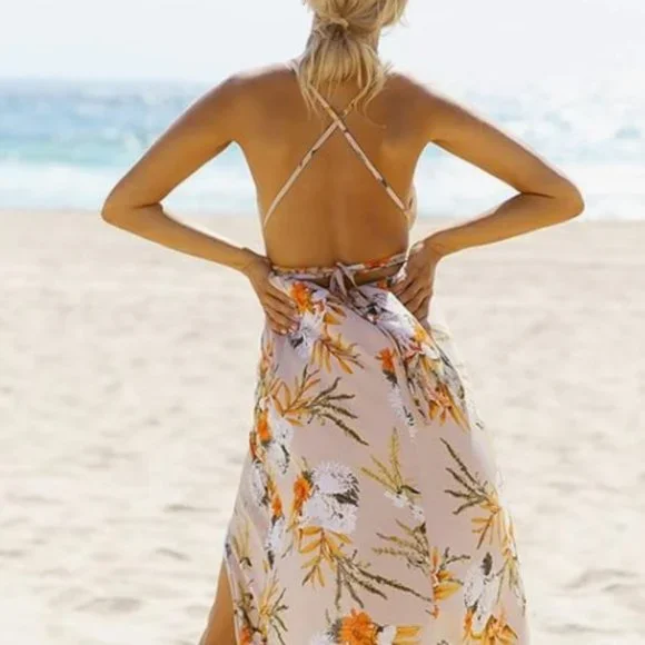 NWOT BerryGo Women's Sexy Deep V Neck Backless Floral Print Split Maxi Dress - Picture 3 of 13